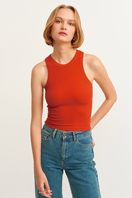 Women's Pomegranate Flower Ribbed T-shirt Halter Collar Knitted Singlet