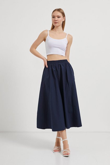 Fusta lungă bleumarin din poplin elastic pentru femei, cu buzunare