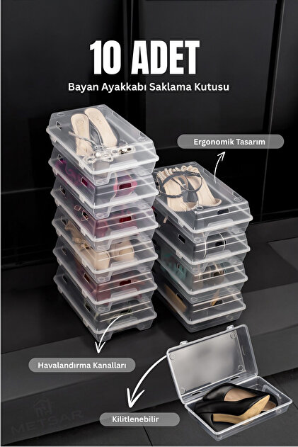 Metsar Home 10'lu Şeffaf Kadın Ayakkabı Saklama Kutusu – Hava