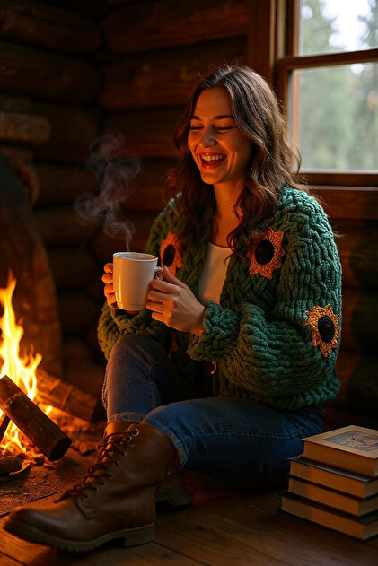 Zuviel Deco Handmade El yapımı Ayçiçeği Puffy Polar Chunky Hırka