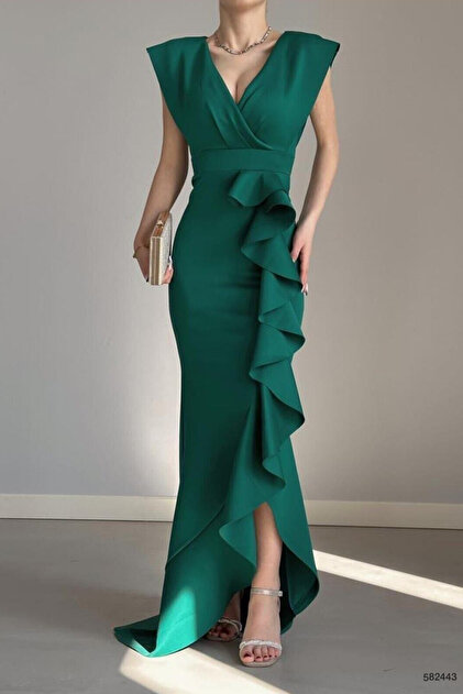 ALFUDO Moda Collection Women's Green Scuba Diving Fabric Double Breasted  Collar Skirt Flounce Evening Dress Graduation Wedding Dress- Trendyol