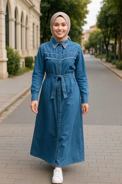 Rochie albastră de damă cu detaliu de perle cu centură