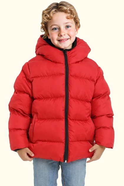 Boy's Red Fleece Hooded Waterproof Windproof Pocket Puffer Winter Coat