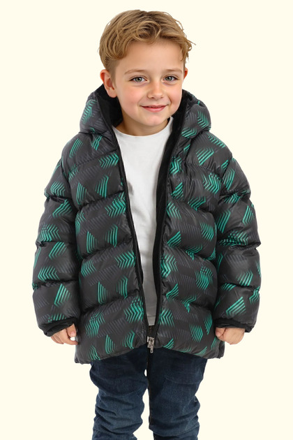 Boy's Black Green Digital Pattern Fleece Water and Windproof Hooded Puffer Winter Coat