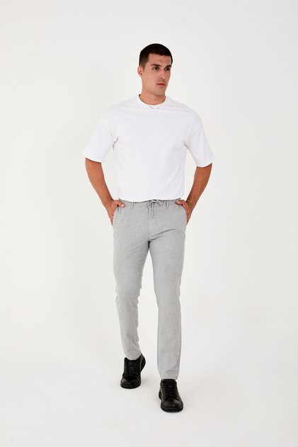 Men's Jogger Slimfit Waist Half Elastic Gray Fabric Trousers