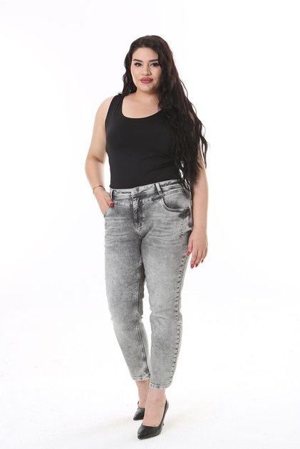 Women's Plus Size High-Waist Stretch Fabric 5-Pocket Denim Jeans in Charcoal grey Wash Effect 65N38122
