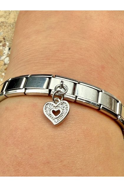 Zircon Stone Heart Steel Charm and Italian Steel Bracelet I Special Boxed