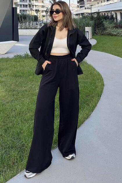 Women's Black Elastic Waist, Pocket, Wide Leg, Loose Trousers