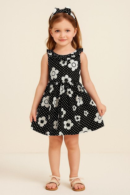 Flower Printed Bow Girl's Dress