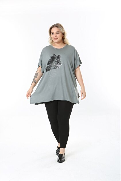 Women's Large Size Oversize Model Butterfly Patterned Soft Fabric Viscos Bluz