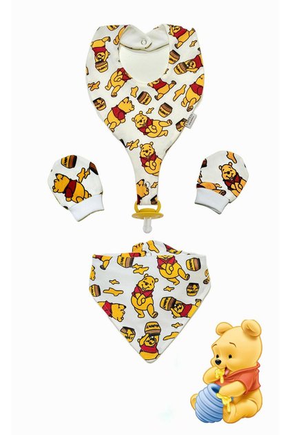 Baby Winnie the Pooh Patterned Scarf Bib Gloves and Pacifier Holder Bib Set
