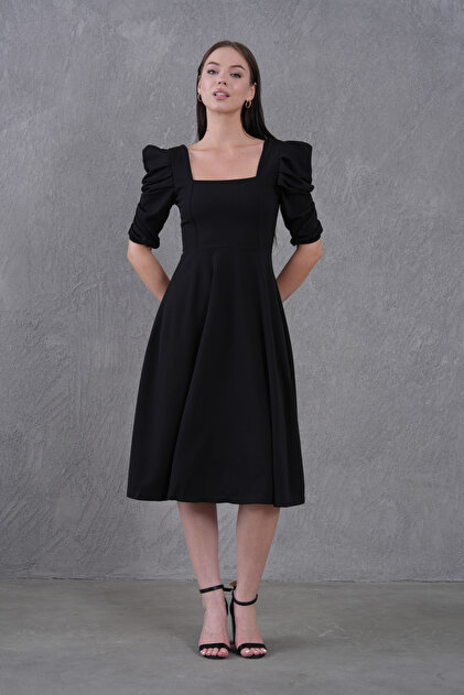 vuvutasarm New Season Women's Crepe Fabric Short Sleeve Midi Length Square  Collar Evening Dress Homecoming Dress 080- Trendyol