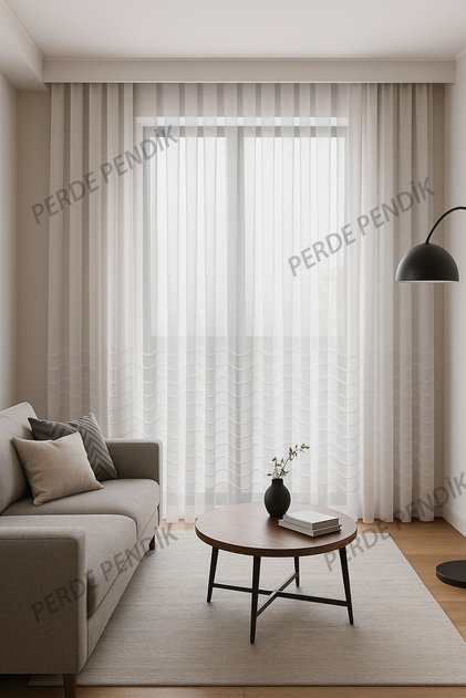 Belenay Tulle Curtain, Ecru Off-White, Tight Pleats, Fringe, Puff, Tassels, Zigzag Patterned Wavy
