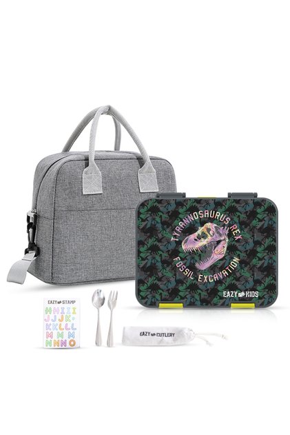 6&4 Convertible Bento Lunch Box w/ Lunch Bag, Steel Spoon&Fork Set & Name Sticker-T-Rex dino Gray