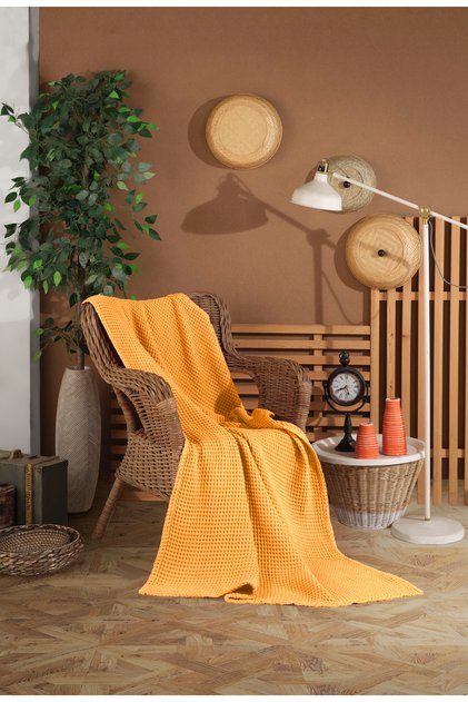 Mustard Color Waffle Pattern Fringeless Sofa Cover/Tv Blanket 140X200Cm