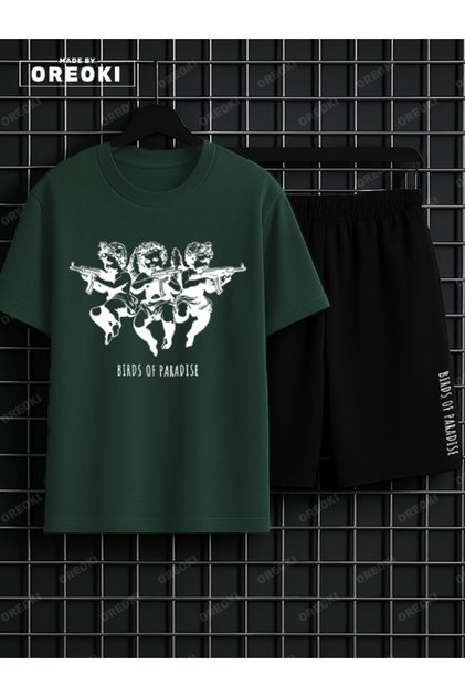 Children of Heaven Printed Cotton Unisex Green Forest T-Shirt-Black Shorts Set