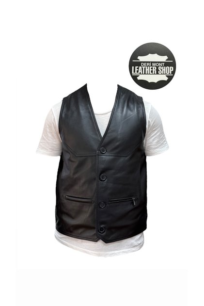 Hakiki kuzu derisi siyah içi kürklü deri yelek Genuine lambskin black classic leather vest