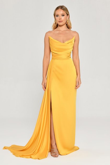 Women's Boat Neck Satin Yellow Evening Dress & Homecoming Dress Ab5617-Yellow