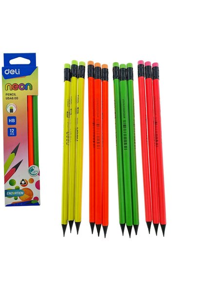 Set de 12 creioane grafit HB cu radieră, NEON U54600 DELI, fără lemn, corp triunghiular, multicolor