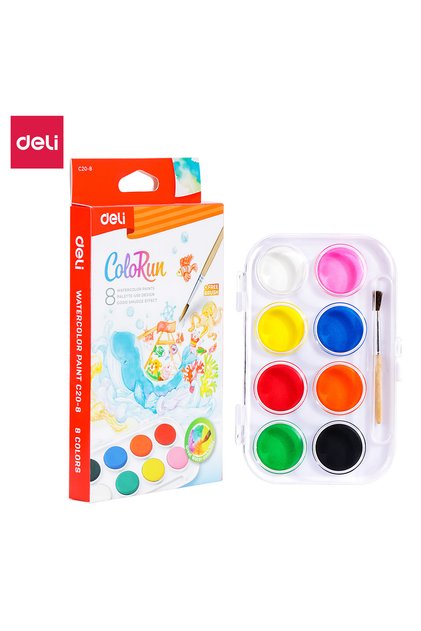 Deli EC20-8 Watercolor Paint Set φ28mm, 8 Colors – ideal for kids’ art and school use