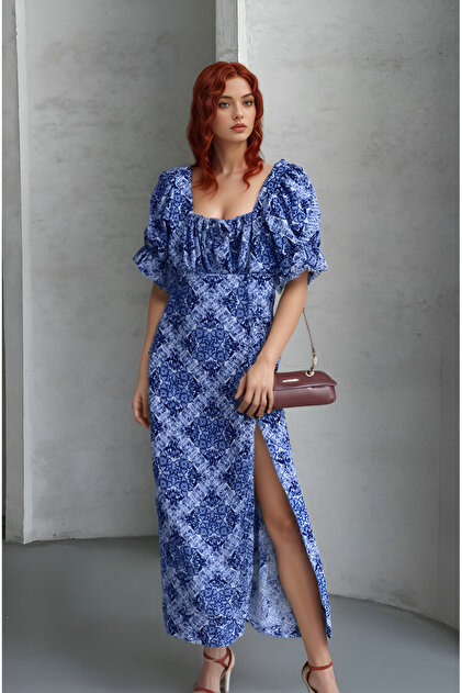 OIL PARK Square Neck Princess Sleeve Tight Fit Lycra Slit Long Wrap Dress-  Trendyol