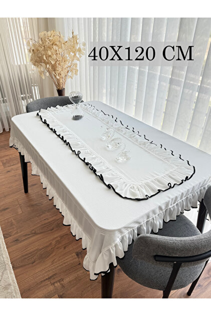 Biyeli Görünümlü Fırfırlı Beyaz Keten RUNNER Şık Dekoratif 40X120 cm
