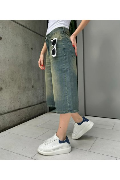 Unisex Vintage Washed Retro Pattern Baggy Jean Capri Bermuda