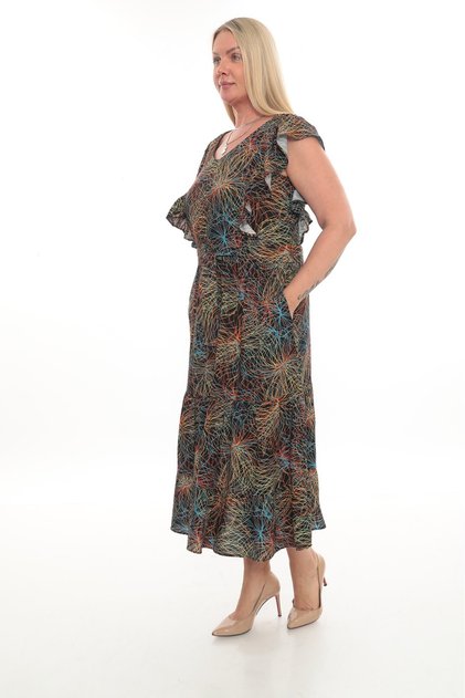 Flounce Sleeve V Neck Belted Patterned Long Viscose Dress 5284