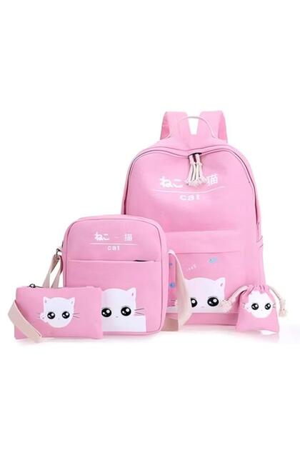 4-Piece Printed School Backpack Set Pink/White