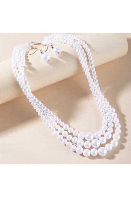 Stylish and Elegant Double Pearl Set: Necklace & Earrings