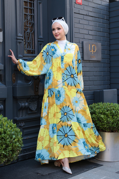 Women's Sunflower Patterned Dress Blue-Yellow