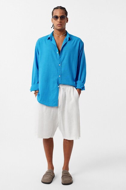 Basic Oversize Pamuk Keten Gömlek İndigo