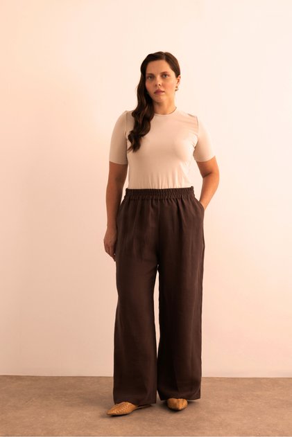 Brown Elastic Waist Linen Trousers
