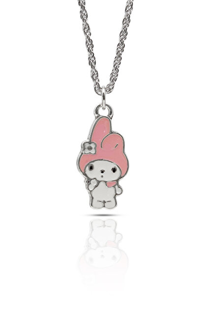Hello Kitty My Melody Character Necklace – Pink White Enamel Silver Color with Twisted Chain