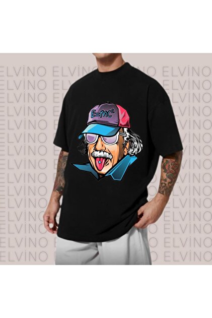 Einstein Printed Oversize Unisex Women/Men Black Crew Neck Tshirt