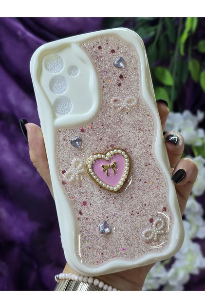 Samsung Galaxy A54 Compatible Stylish Phone Case with Heart Pink Glitter Pearl and Ribbon Detail