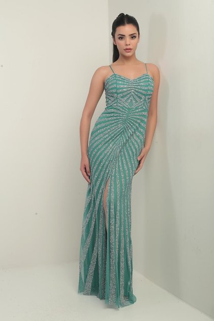 Women's Rope Strap Flock Stone Printed Lined Tulle Long Dress