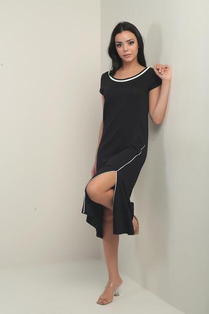 Women's Madonna Collar Piping Detailed Slit Crystal Long Dress