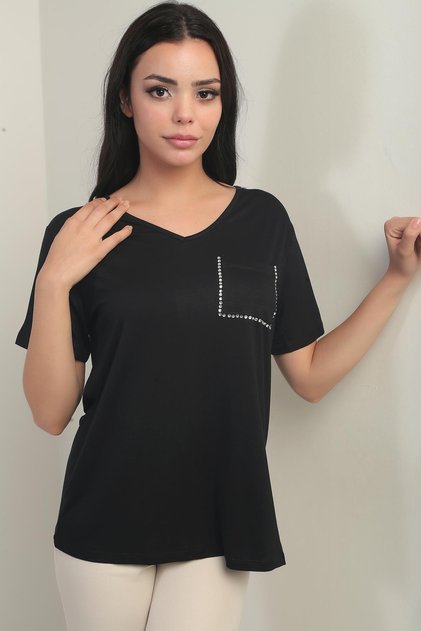 Women's V-Neck Shoulder and Pocket Stone Lycra Blouse