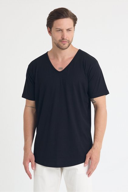 Erkek V Yaka Viskon Oval kesim Basic T-Shirt