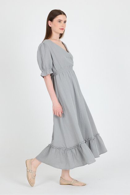 Gray 100% Cotton Muslin V-Neck Waist Elastic Midi Dress 4780A