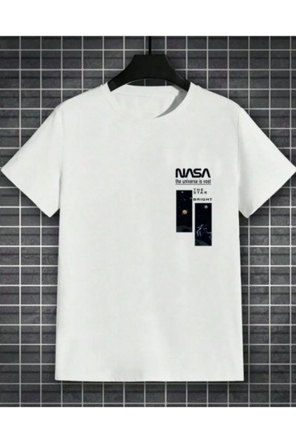 White Oversize Nasa Printed Cotton T-Shirt