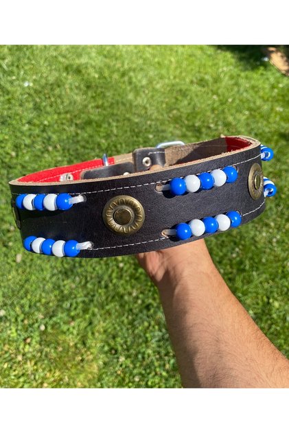 Kangal Dog Collar Genuine Leather Beaded 5 cm Width