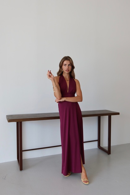 Women's Halter Neckline Chest Low Back Tie-Up Slit Dress