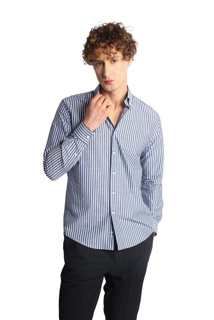 Men's Navy Blue Dynamic Fit Buttoned Collar Striped Long Sleeve Pocketless Cotton Shirt
