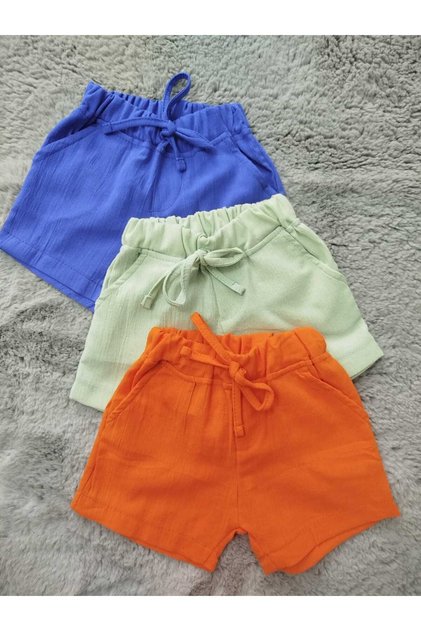 Men's Organic Şile Cloth Cotton 3-Piece (Green*Blue*Orange) Baby and Children's Shorts with Elastic Waist and Pockets