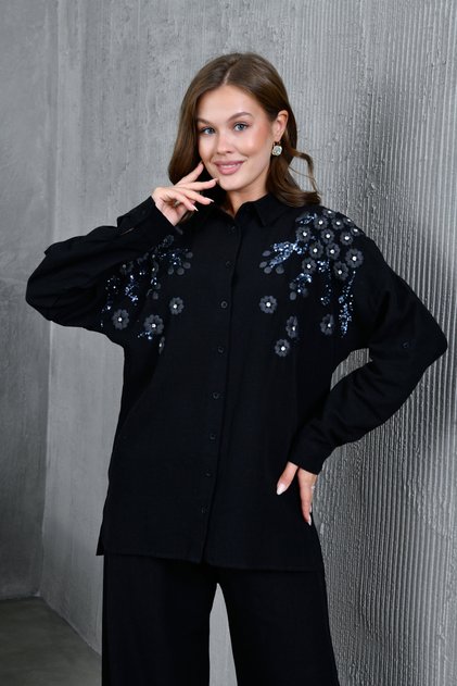 Women's Floral Print Embroidered Linen Oversized Shirt