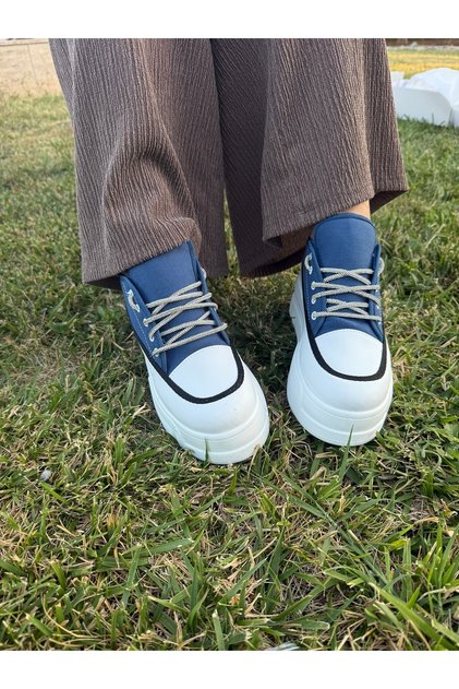 Belinda High Sole Stone Lacing Detailed Blue Linen Sports Shoes