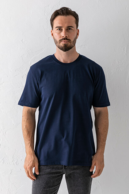 Erkek Bisiklet Yaka Basic Pamuklu T-Shirt Lacivert - 25Y 5446