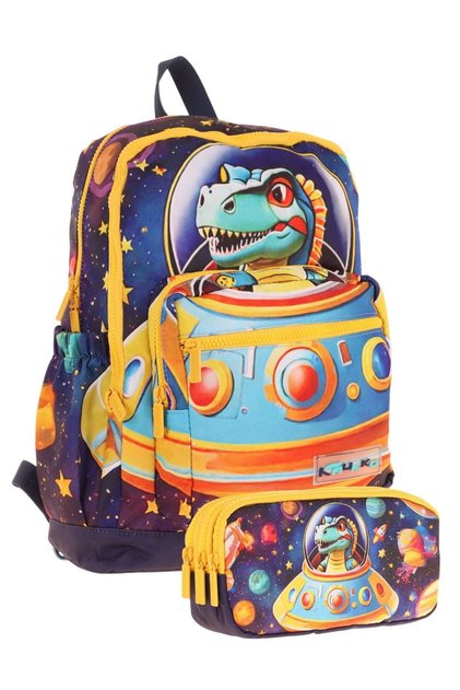 Kids Layer Erkek Çocuk Okul Çantası + Kalem Çantası Seti (Mavi Sarı - Astronot Dinazor)